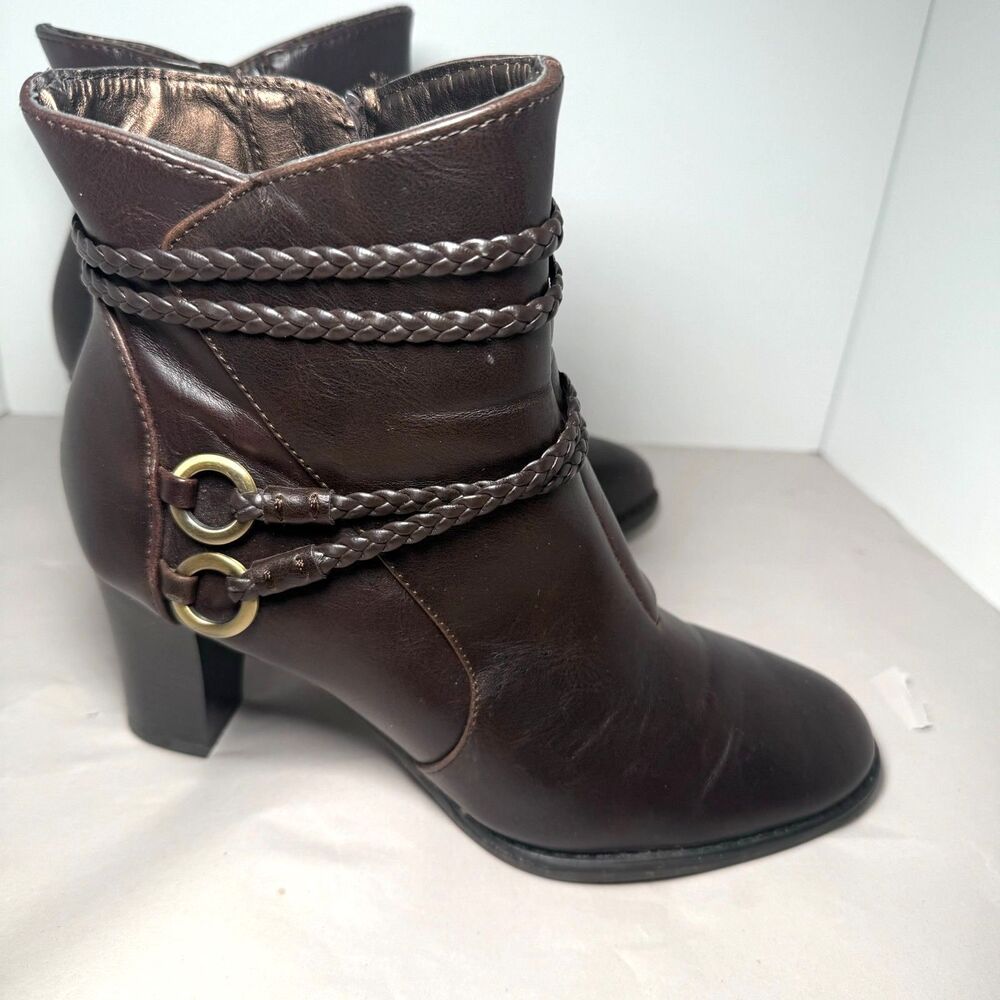 Life Stride Yohanna Dark Brown Heel Zip Buckle Braided Trim Soft‎ Ankle Boot 6.5